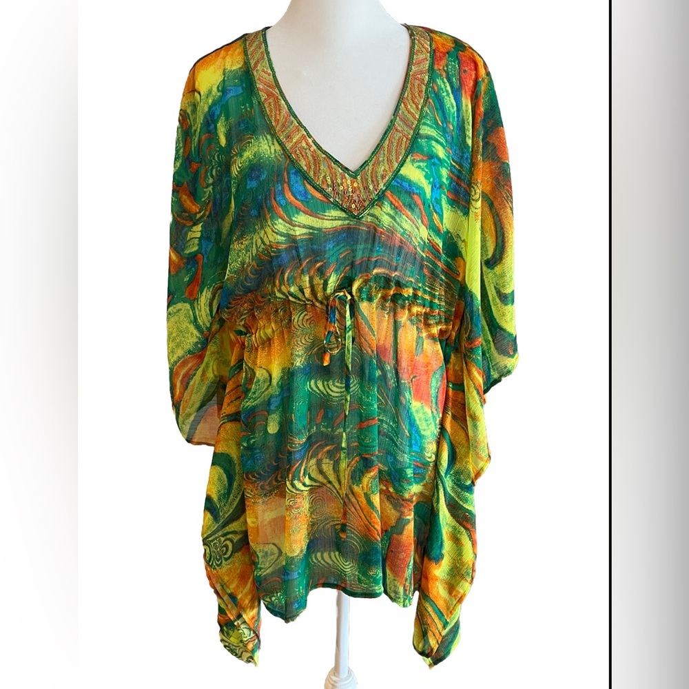 D Swim Coverup Women’s S Sequined Neck Drawstring Waist Caftan New With Tags